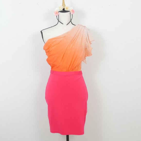 bebe Dresses & Skirts - BEBE Orange Pink Silk One Shoulder Ruffle Detail Size Small Dress